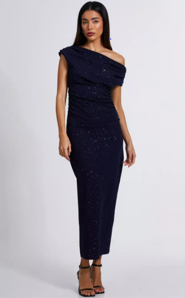 Navy Glitter Asymmetric Midaxi Dress